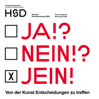Die Grafik besteht aus roten Wörtern in Versalien. Sie lauten: "Ja!?", "Nein!?", "Jein!?". Vor den Wörtern sind kleine Kästchen, eins ist angekreuzt.